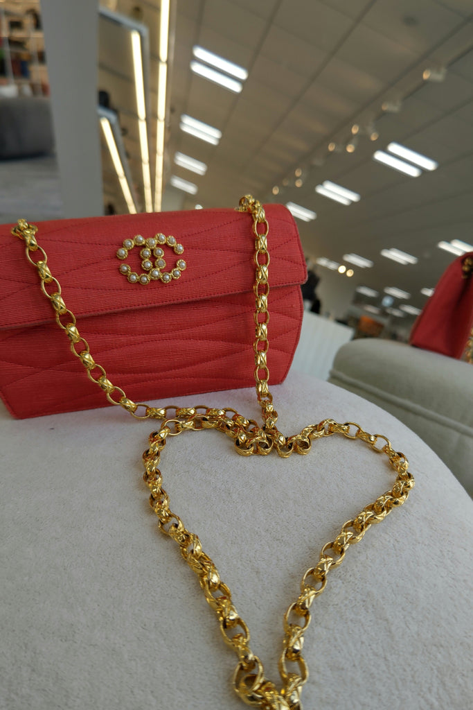 Chanel Faux Pearl Red Fabric Chain Shoulder Bag