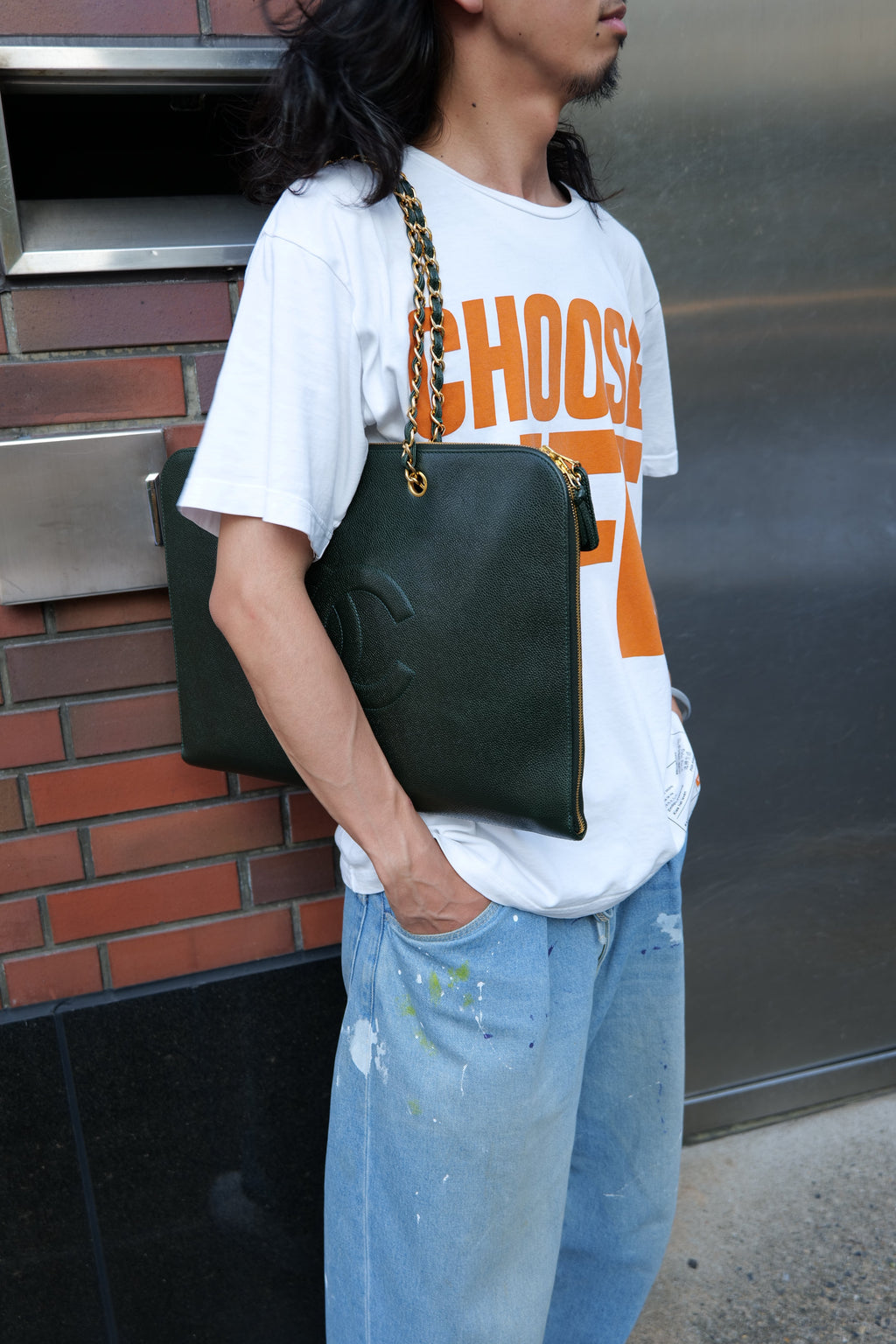 Unisex Styling with Vintage CHANEL –Big Coco Chain Tote Bag