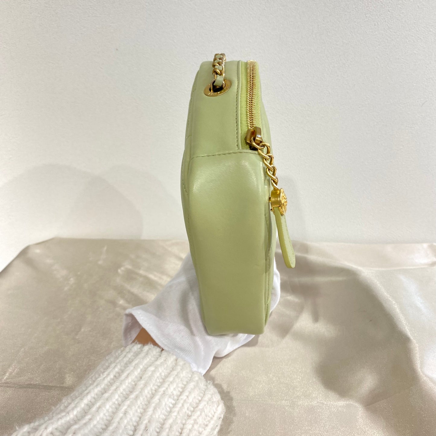 CHANEL RHOMBUS CHAIN SHOULDER BAG GREEN LAMB SKIN 90213930