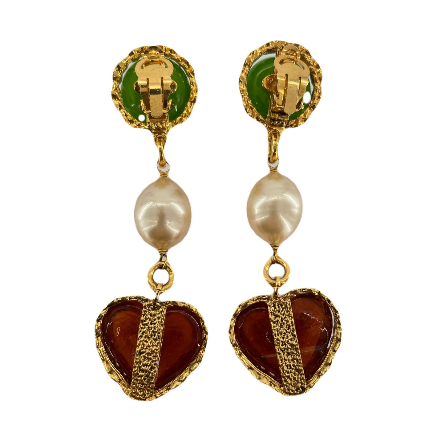 CHANEL VINTAGE EARRINGS COLORSTONE FAKEPEARL HEART ACCESSORY 2/8 90215542