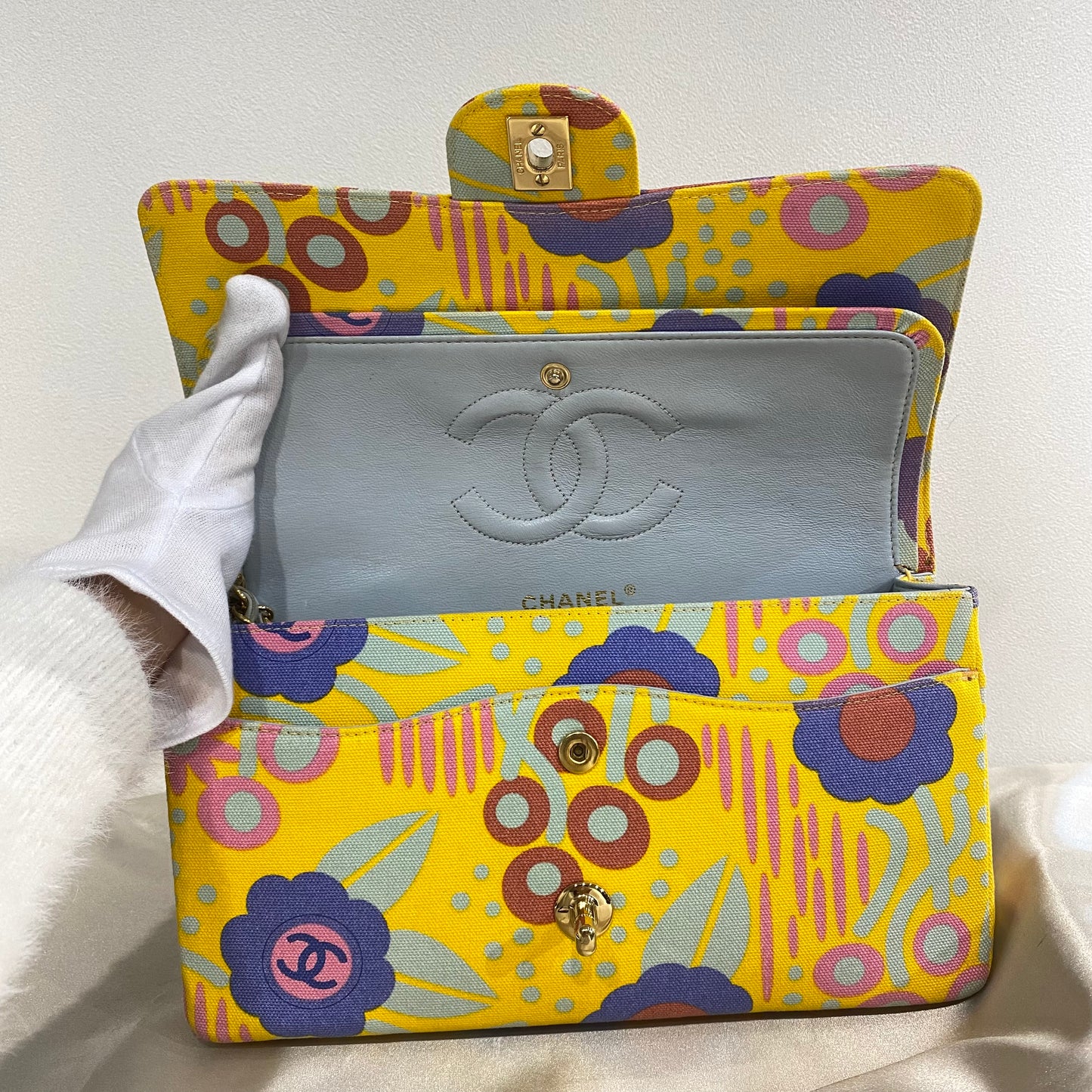 CHANEL VINTAGE CLASSIC FLAP MEDIUM CHAIN SHOULDER BAG FLOWER PRINT YELLOW LIGHTBLUE CANVAS 90215300