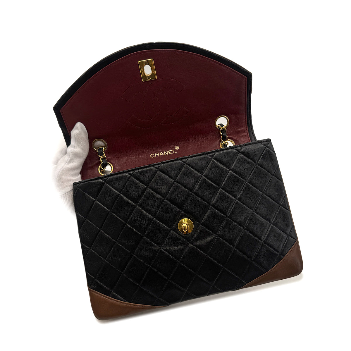 CHANEL VINTAGE MATELASSE CHAIN SHOULDER BAG BY COLOR BLACK BROWN LAMB SKIN 90158832