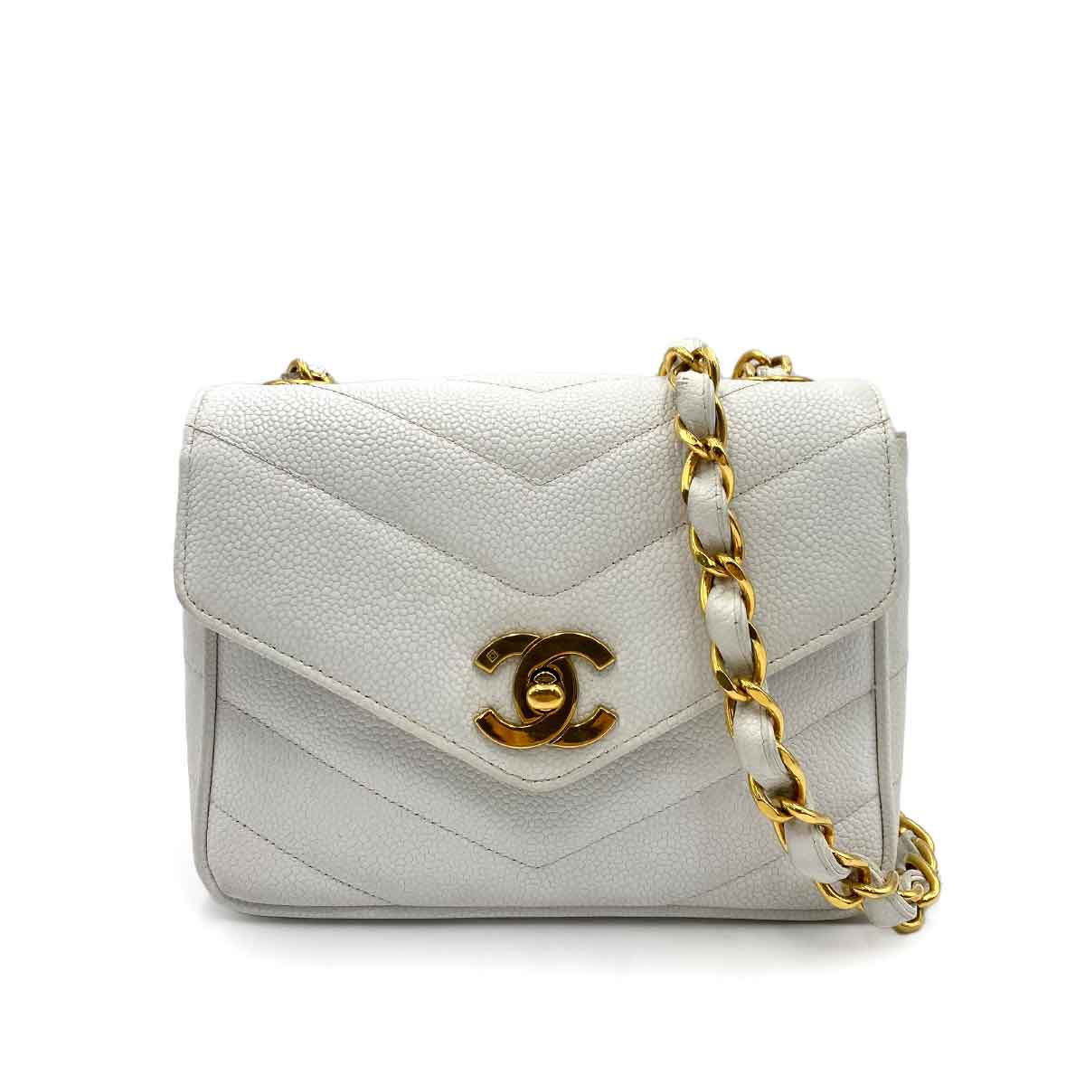 CHANEL VINTAGE MINI CHEVRON CHAIN SHOULDER BAG WHITE CAVIAR SKIN 90170727