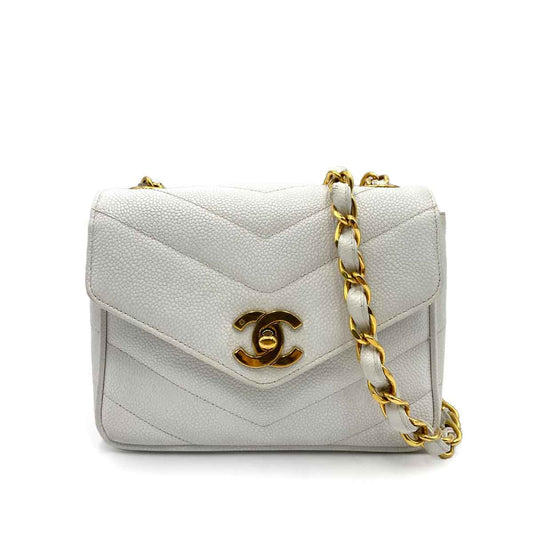 CHANEL VINTAGE MINI CHEVRON CHAIN SHOULDER BAG WHITE CAVIAR SKIN 90170727
