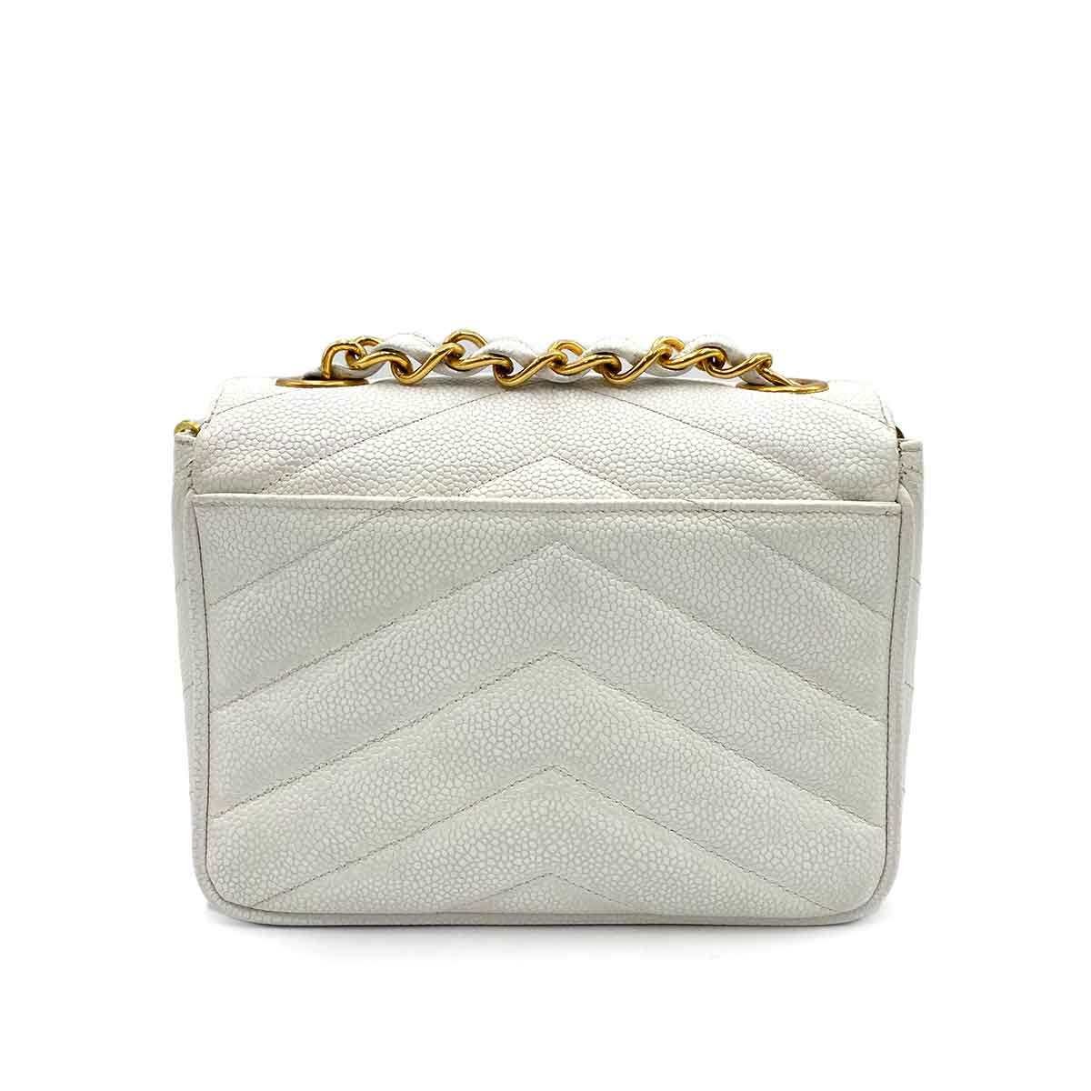 CHANEL VINTAGE MINI CHEVRON CHAIN SHOULDER BAG WHITE CAVIAR SKIN 90170727