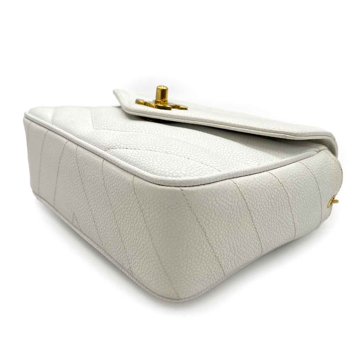 CHANEL VINTAGE MINI CHEVRON CHAIN SHOULDER BAG WHITE CAVIAR SKIN 90170727