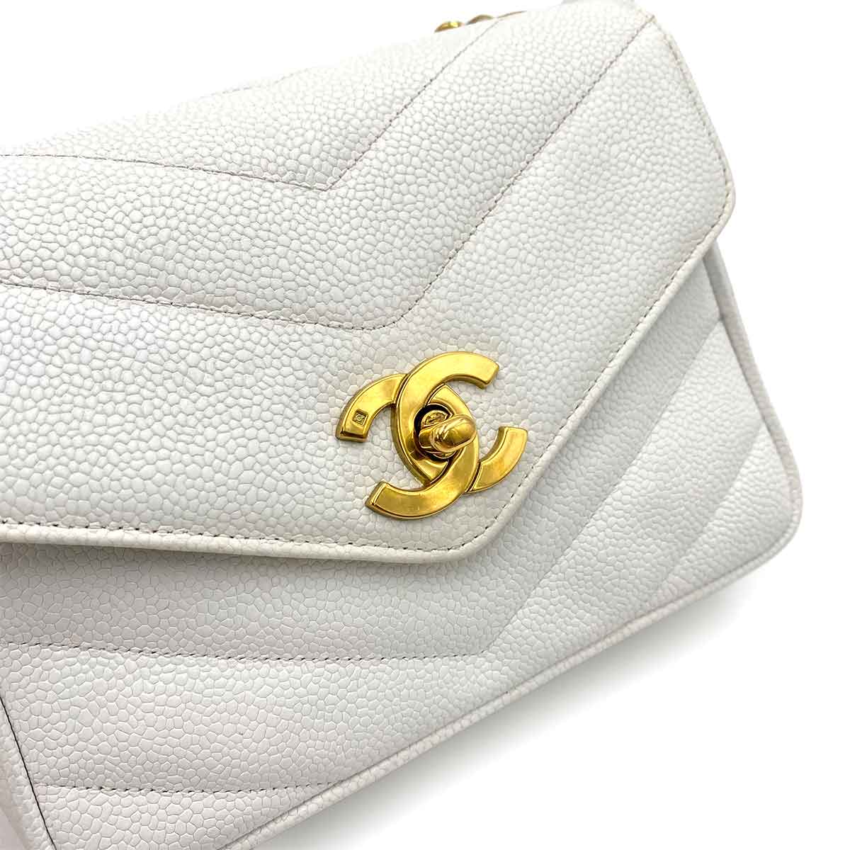 CHANEL VINTAGE MINI CHEVRON CHAIN SHOULDER BAG WHITE CAVIAR SKIN 90170727