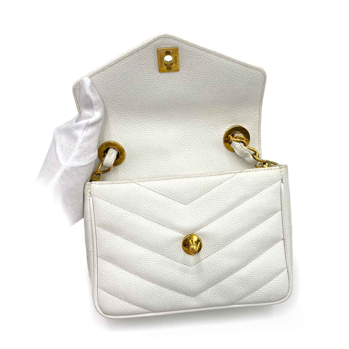CHANEL VINTAGE MINI CHEVRON CHAIN SHOULDER BAG WHITE CAVIAR SKIN 90170727