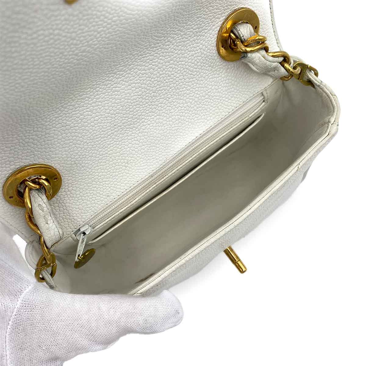 CHANEL VINTAGE MINI CHEVRON CHAIN SHOULDER BAG WHITE CAVIAR SKIN 90170727