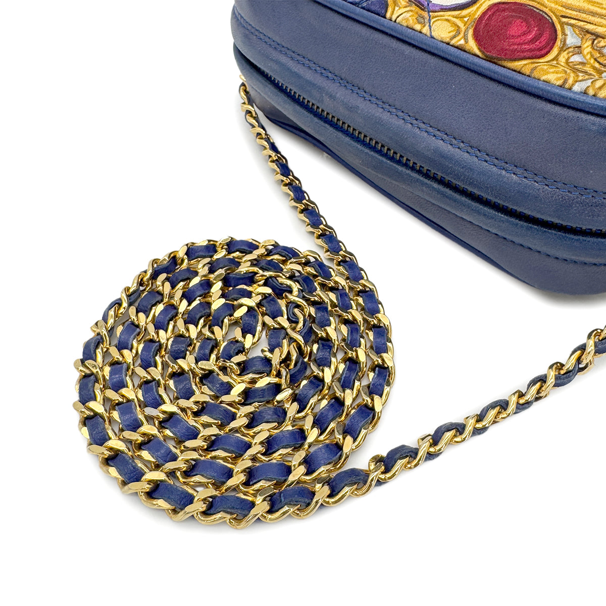 CHANEL VINTAGE FRINGE CHAIN SHOULDER BAG BLUE CANVAS LAMB SKIN 90187879