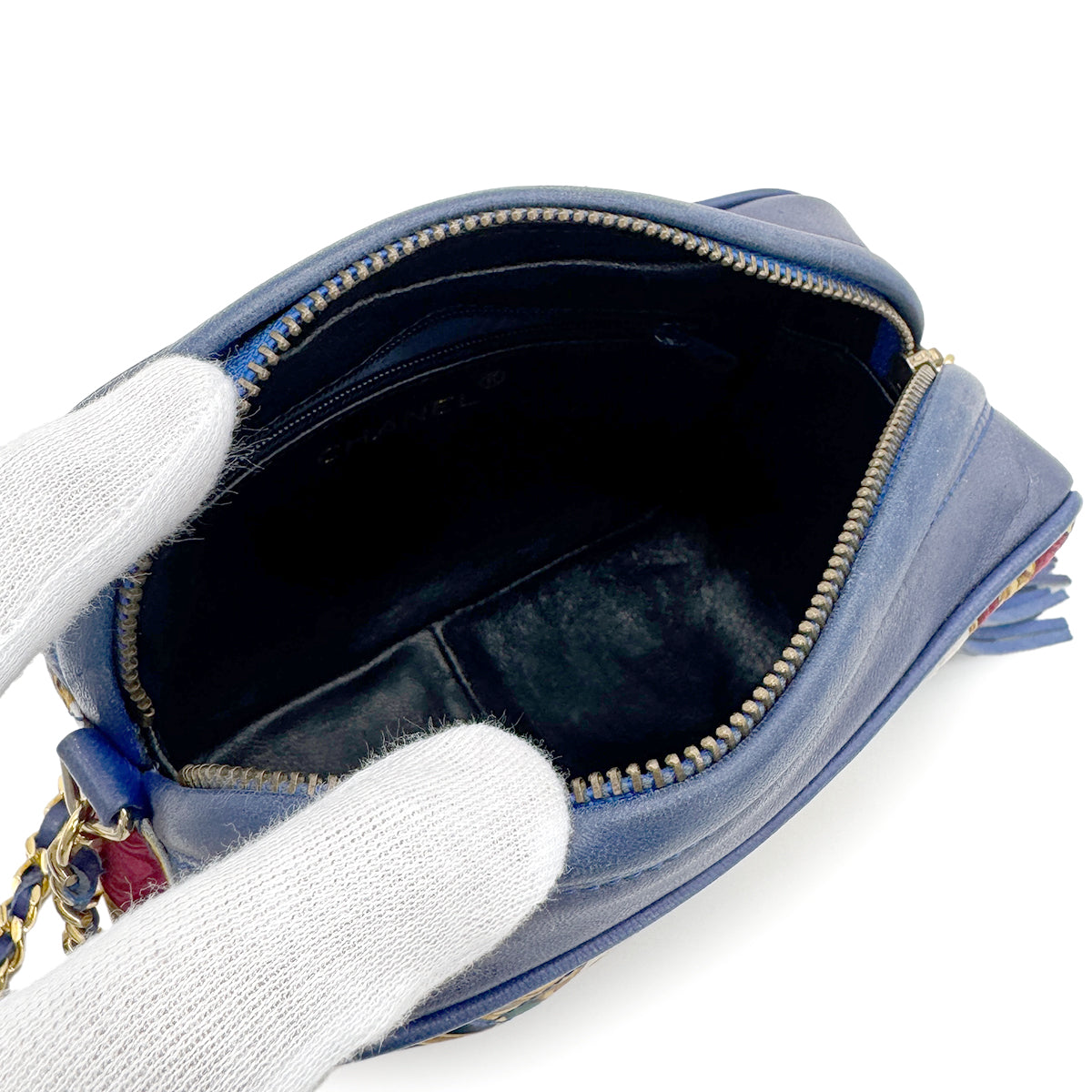 CHANEL VINTAGE FRINGE CHAIN SHOULDER BAG BLUE CANVAS LAMB SKIN 90187879