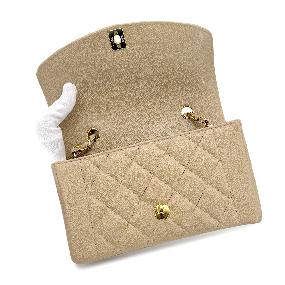 CHANEL VINTAGE DIANA SMALL CHAIN SHOULDER BAG BEIGE CAVIAR SKIN 90188207