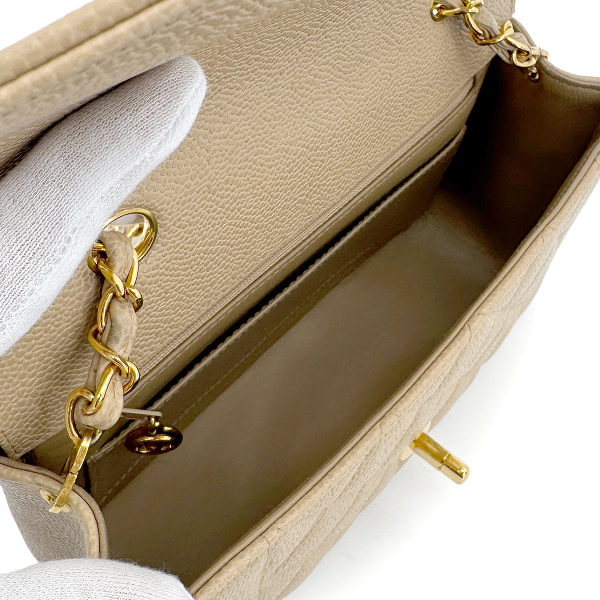 CHANEL VINTAGE DIANA SMALL CHAIN SHOULDER BAG BEIGE CAVIAR SKIN 90188207