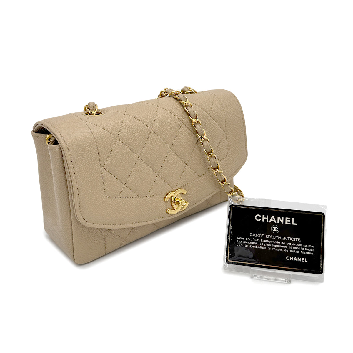 CHANEL VINTAGE DIANA SMALL CHAIN SHOULDER BAG BEIGE CAVIAR SKIN 90188207