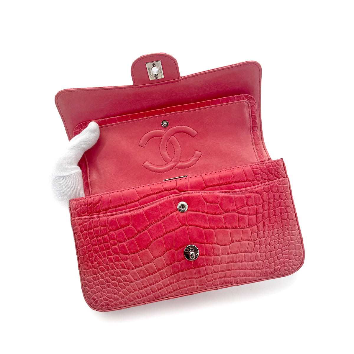 CHANEL VINTAGE DOUBLE FLAP CHAIN SHOULDER BAG PINK CROCODILE SHW 90191249