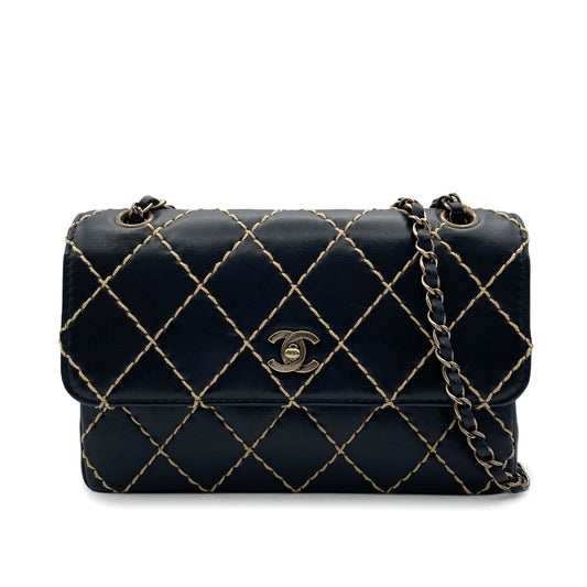 CHANEL VINTAGE WILD STITCH CHAIN SHOULDER BAG BLACK LAMB SKIN 90193508