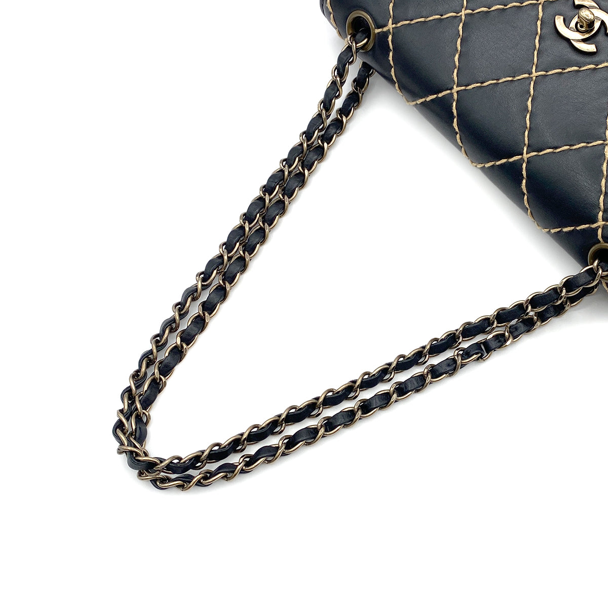 CHANEL VINTAGE WILD STITCH CHAIN SHOULDER BAG BLACK LAMB SKIN 90193508