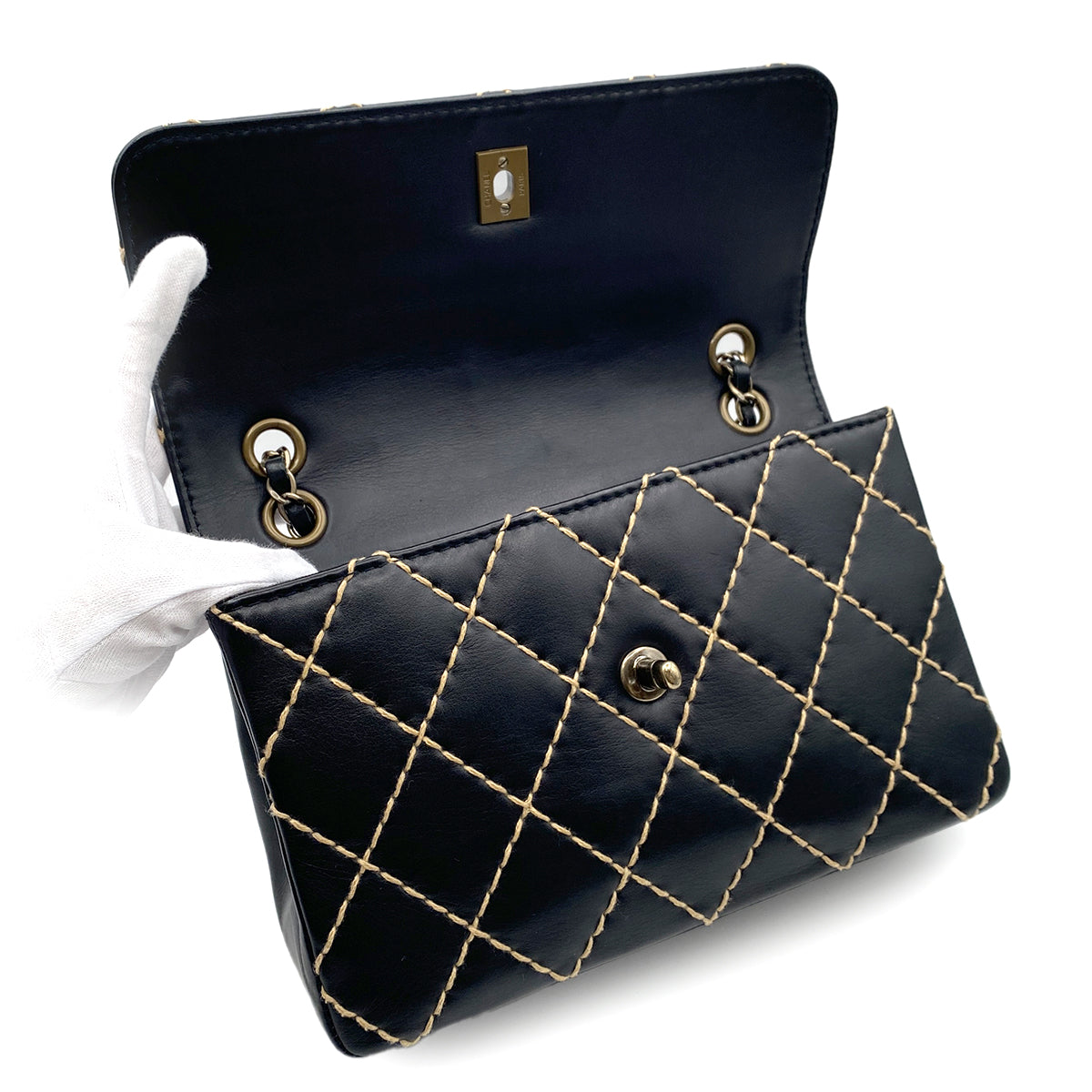 CHANEL VINTAGE WILD STITCH CHAIN SHOULDER BAG BLACK LAMB SKIN 90193508