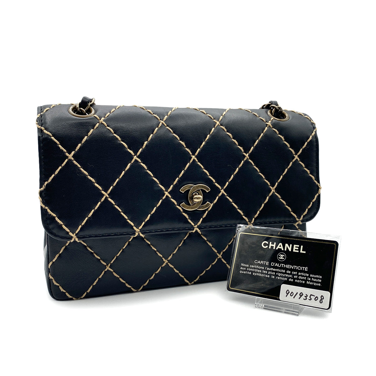 CHANEL VINTAGE WILD STITCH CHAIN SHOULDER BAG BLACK LAMB SKIN 90193508