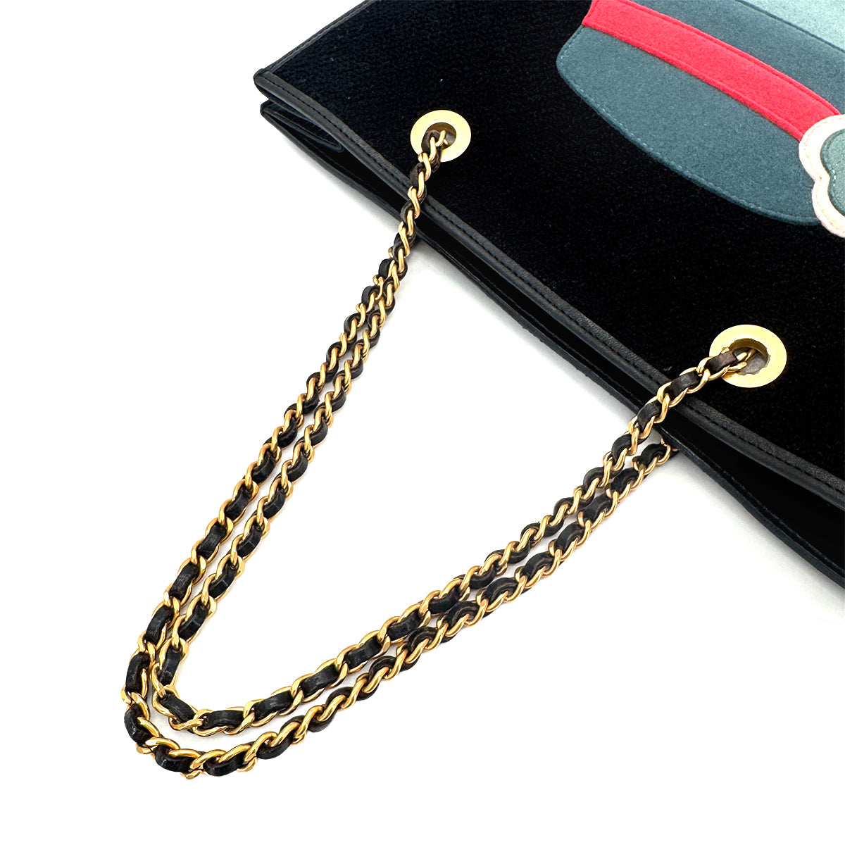 CHANEL VINTAGE COCO MOTIF MADEMOISELLE CHAIN TOTE BAG BLACK CANVAS LEATHER 90195778