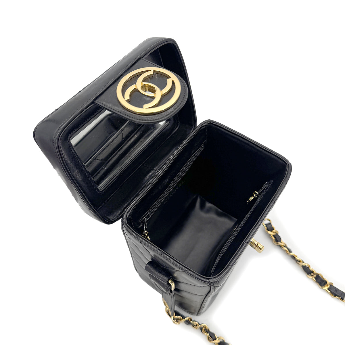 CHANEL VINTAGE V STITCH CHAIN SHUOLDER VANITY BAG BLACK LAMB SKIN 90196136