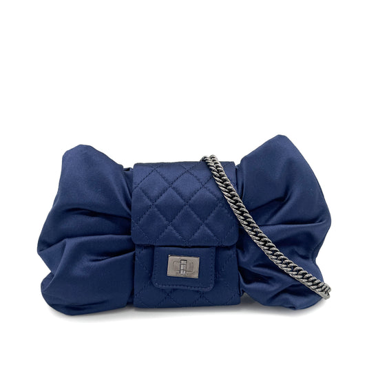 CHANEL VINTAGE 2.55 RIBBON CHAIN SHOULDER BAG NAVY SATIN 90197085