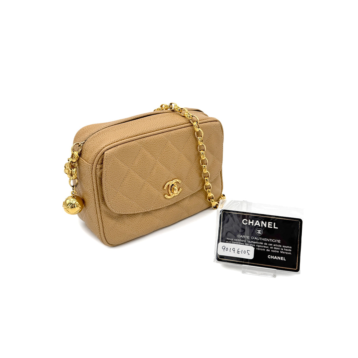 CHANEL VINTAGE BIJOU CHAIN SHOULDER BAG BEIGE CAVIAR SKIN 90198105