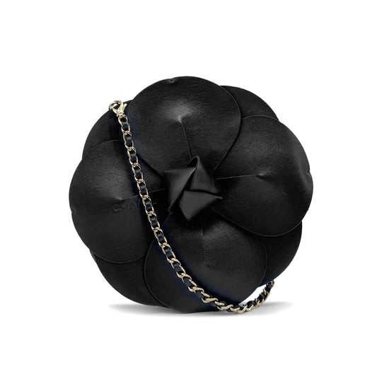 CHANEL VINTAGE CAMELLIA FLOWER CHAIN SHOULDER BAG BLACK LAMB SKIN SATIN 90199296