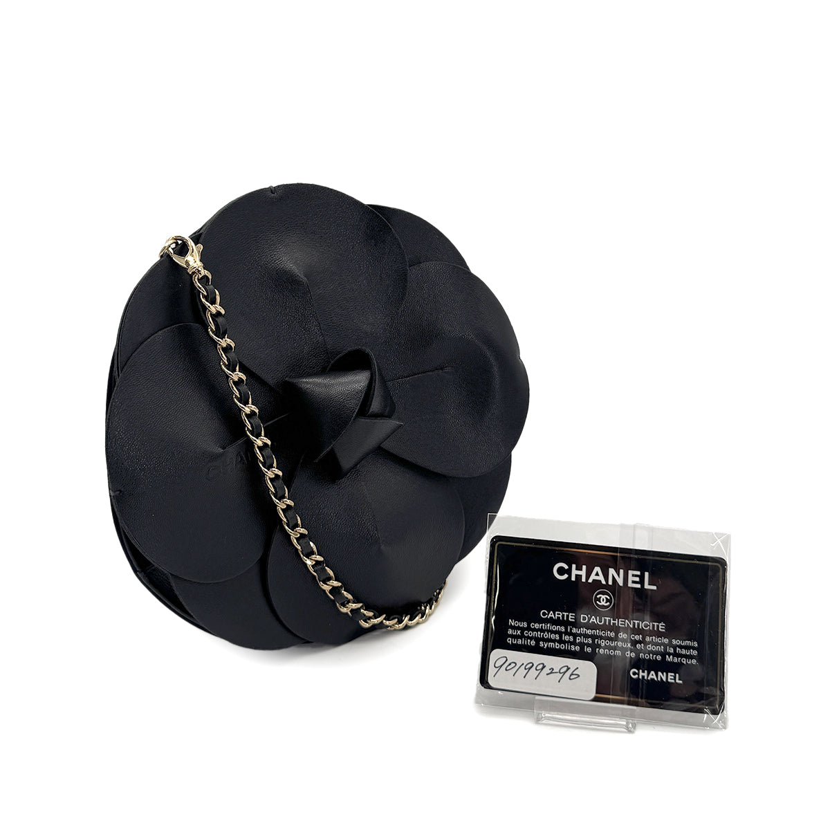 CHANEL VINTAGE CAMELLIA FLOWER CHAIN SHOULDER BAG BLACK LAMB SKIN SATIN 90199296