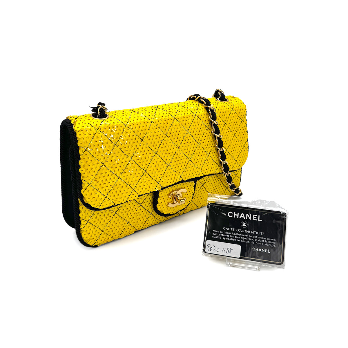 CHANEL VINTAGE CHAIN SHUOLDER BAG BYCOLOR YELLOW BLACK SEQUINS CANVAS 90201185