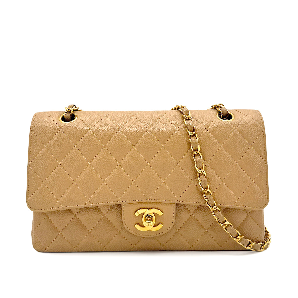 CHANEL VINTAGE CLASSIC FLAP MEDIUM CHAIN SHOULDER BAG BEIGE CAVIAR SKIN 90202042