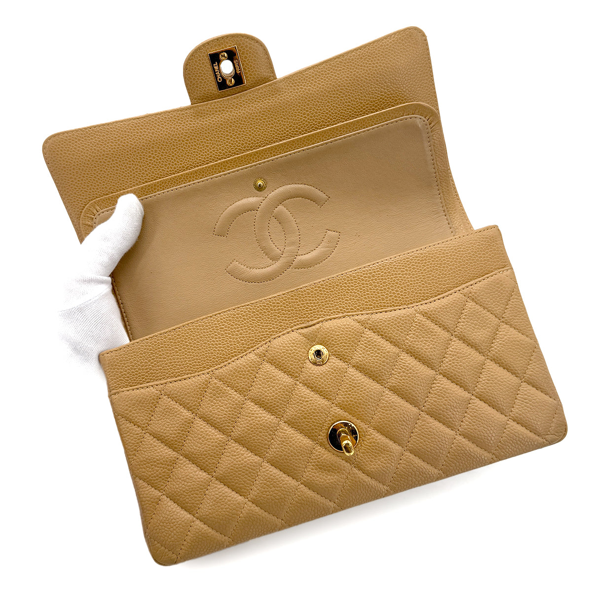 CHANEL VINTAGE CLASSIC FLAP MEDIUM CHAIN SHOULDER BAG BEIGE CAVIAR SKIN 90202042
