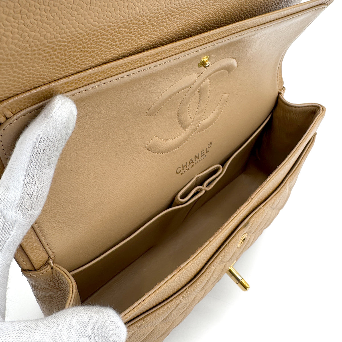 CHANEL VINTAGE CLASSIC FLAP MEDIUM CHAIN SHOULDER BAG BEIGE CAVIAR SKIN 90202042