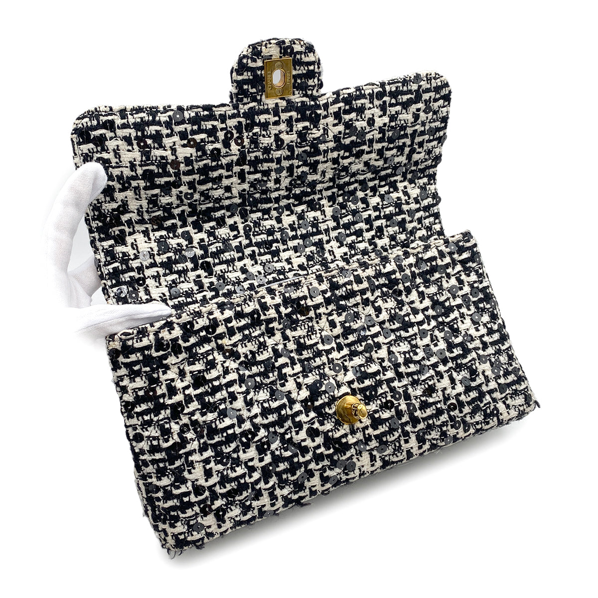 CHANEL VINTAGE PARENT-CHILD BAG PARENT ONLY BLACK TWEED × SEQUIN 90204188