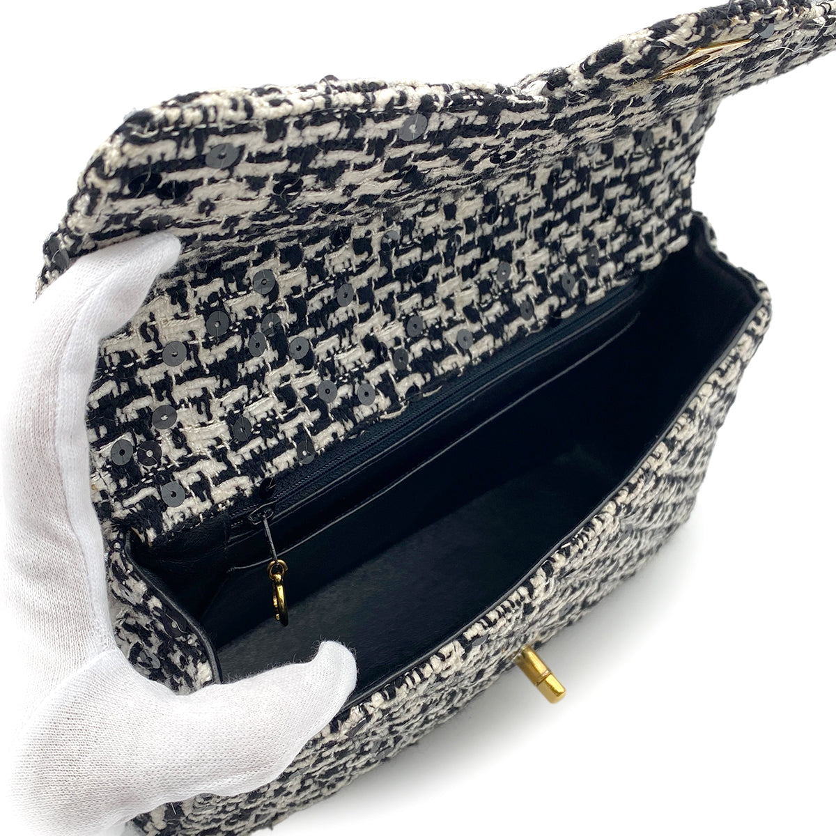 CHANEL VINTAGE PARENT-CHILD BAG PARENT ONLY BLACK TWEED × SEQUIN 90204188