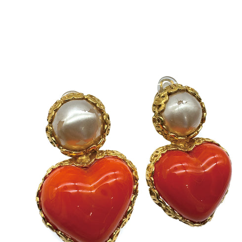 CHANEL VINTAGE EARRINGS HEART COLOR STONE ORANGE FAUX PEARL ACCESSORY 2/8 90208136