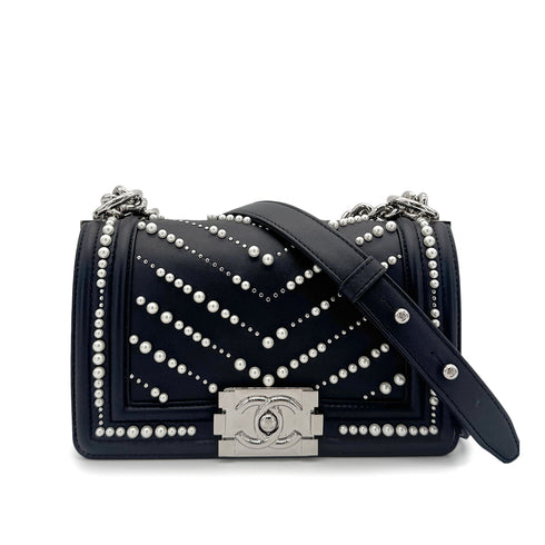 CHANEL PEARL BOYCHANEL SMALL CHAIN SHOULDER BAG BLACK LEATHER 90208965 - PURPOSE