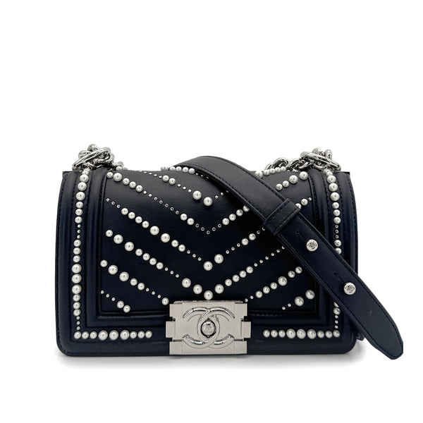 CHANEL PEARL BOYCHANEL SMALL CHAIN SHOULDER BAG BLACK LEATHER 90208965 - PURPOSE