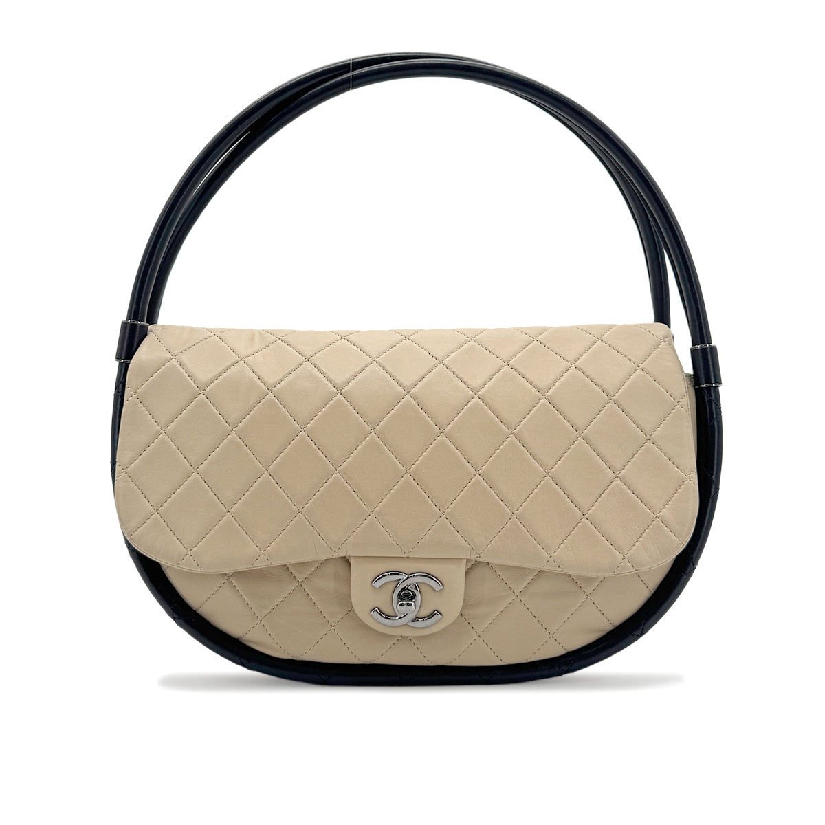 CHANEL HULA HOOP CROSS HAND BAG BEIGE BLACK LAMB SKIN 90208969