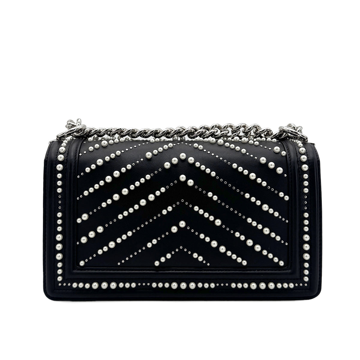CHANEL PEARL BOYCHANEL MEDIUM CHAIN SHOULDER BAG BLACK LEATHER 90210965