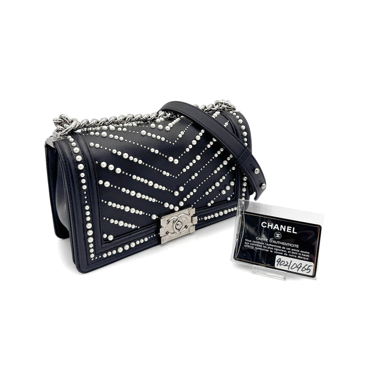 CHANEL PEARL BOYCHANEL MEDIUM CHAIN SHOULDER BAG BLACK LEATHER 90210965