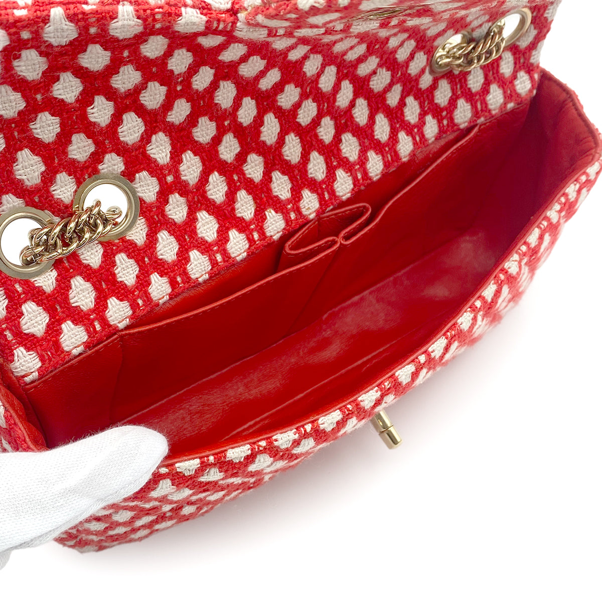 CHANEL VINTAGE EAST WEST CHAIN SHOULDER BAG RED WHITE CANVAS 90210993