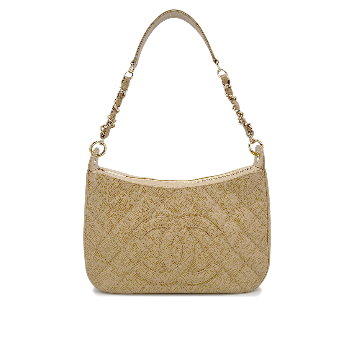 CHANEL VINTAGE HALF MOON ONE SHOULDER BAG BEIGE CAVIAR SKIN 90212859