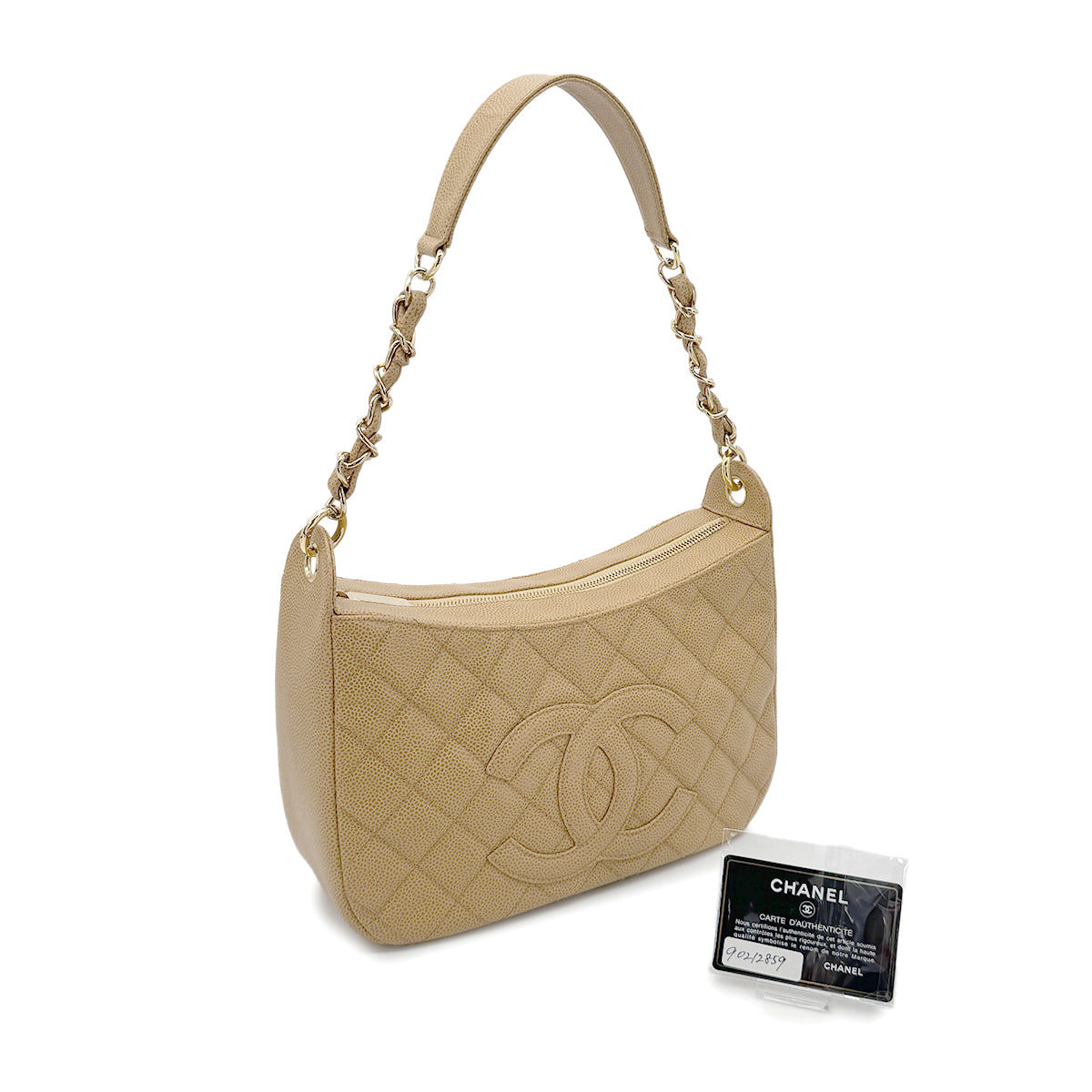 CHANEL VINTAGE HALF MOON ONE SHOULDER BAG BEIGE CAVIAR SKIN 90212859
