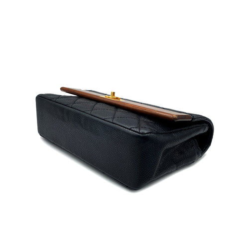 CHANEL VINTAGE WOOD FLAP CHAIN SHOULDER BAG BLACK CAVIAR SKIN 90213611