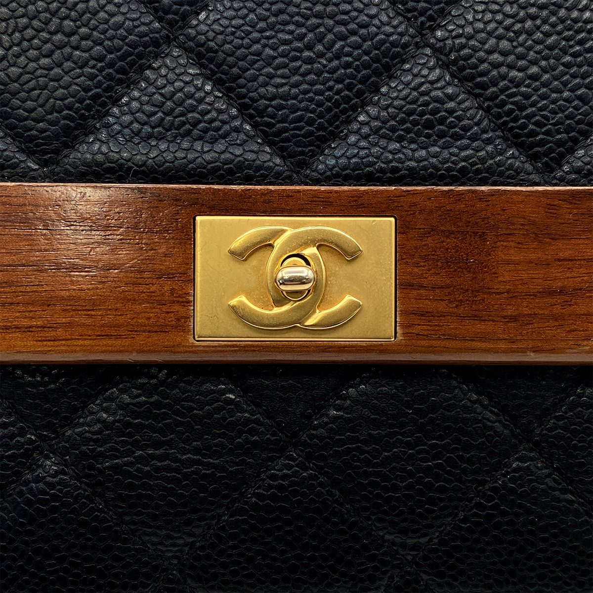CHANEL VINTAGE WOOD FLAP CHAIN SHOULDER BAG BLACK CAVIAR SKIN 90213611