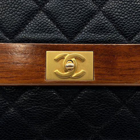 CHANEL VINTAGE WOOD FLAP CHAIN SHOULDER BAG BLACK CAVIAR SKIN 90213611