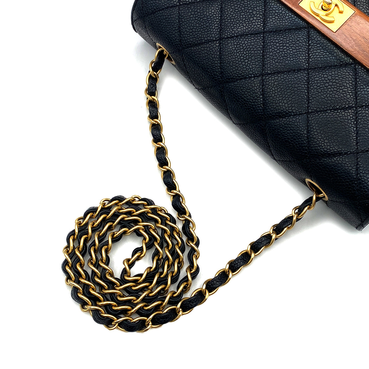 CHANEL VINTAGE WOOD FLAP CHAIN SHOULDER BAG BLACK CAVIAR SKIN 90213611