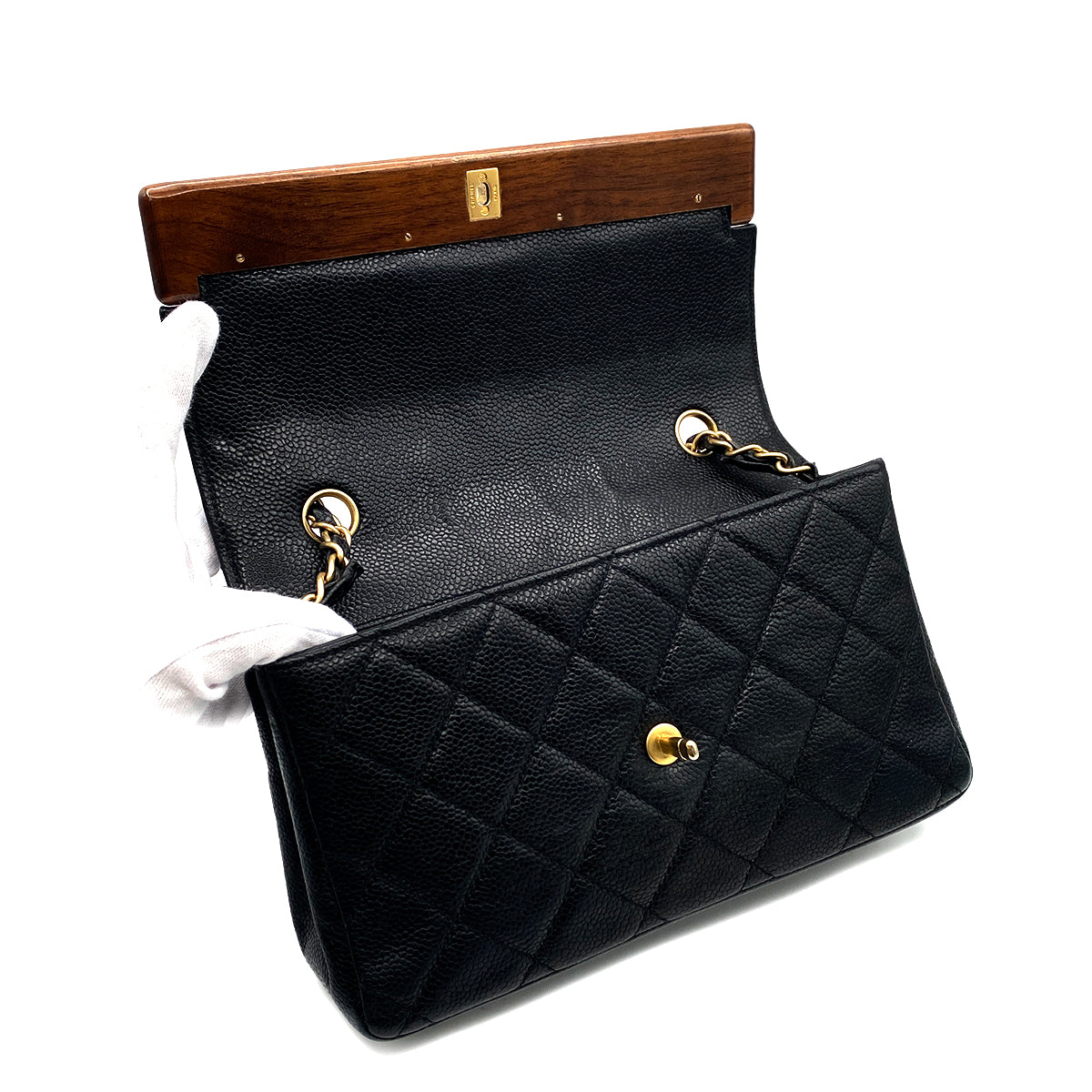 CHANEL VINTAGE WOOD FLAP CHAIN SHOULDER BAG BLACK CAVIAR SKIN 90213611