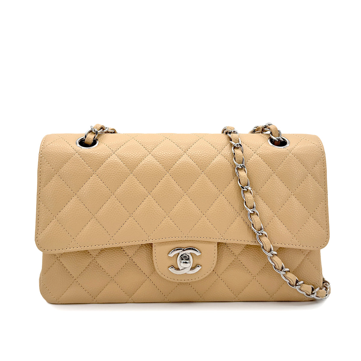 CHANEL CLASSIC FLAP MEDIUM CHAIN SHOULDER BAG BEIGE CAVIAR SKIN SHW 90215286
